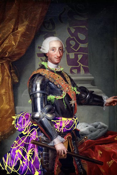 Street Art: Portrait of Charles III of Spain -King of Spain with a Fancy Wardrobe by 5by5collective