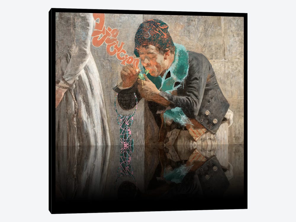 Charlotte Corday -Man with Fox Scarf Orange, Pink, and Turquoise by 5by5collective 1-piece Canvas Wall Art