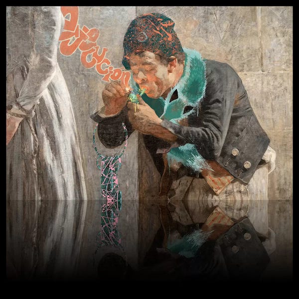 Marijuana: Charlotte Corday -Man with Fox Scarf Orange, Pink, and Turquoise by 5by5collective