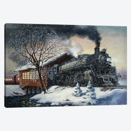 Train And Covered Bridge Canvas Print #RSR114} by D. "Rusty" Rust Canvas Artwork