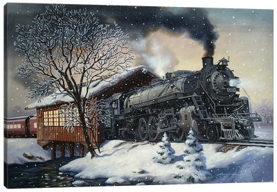 Train And Covered Bridge Canvas Art Print - D. "Rusty" Rust