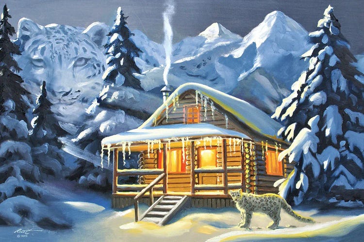 Snow Leopard And Cabin