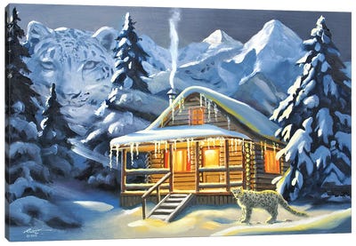Snow Leopard And Cabin Canvas Art Print - D. "Rusty" Rust