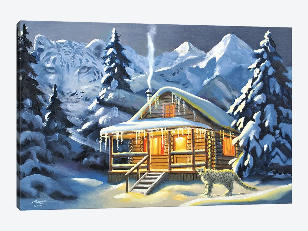 Snow Leopard And Cabin by D. "Rusty" Rust 1-piece Art Print