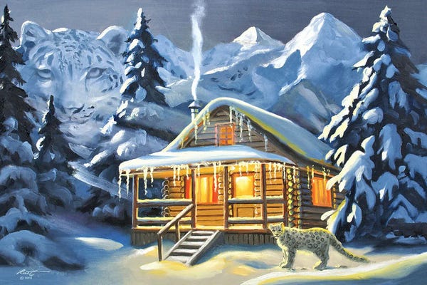 Snow Leopard And Cabin