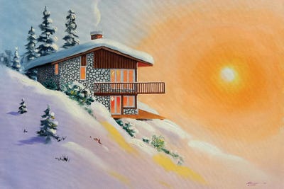 Chalet In Snow At Sunset by D. "Rusty" Rust art print