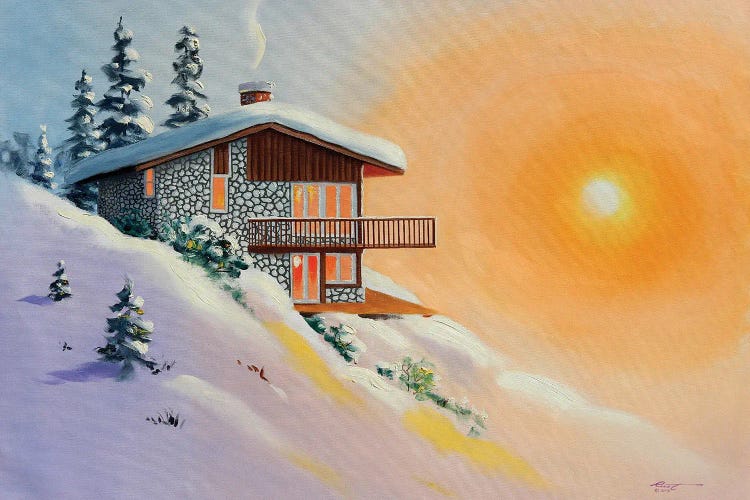 Chalet In Snow At Sunset