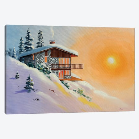 Chalet In Snow At Sunset Canvas Print #RSR124} by D. "Rusty" Rust Canvas Art Print