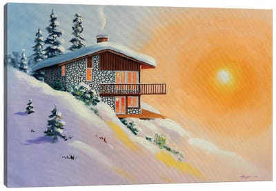 Chalet In Snow At Sunset Canvas Art Print - Cabins