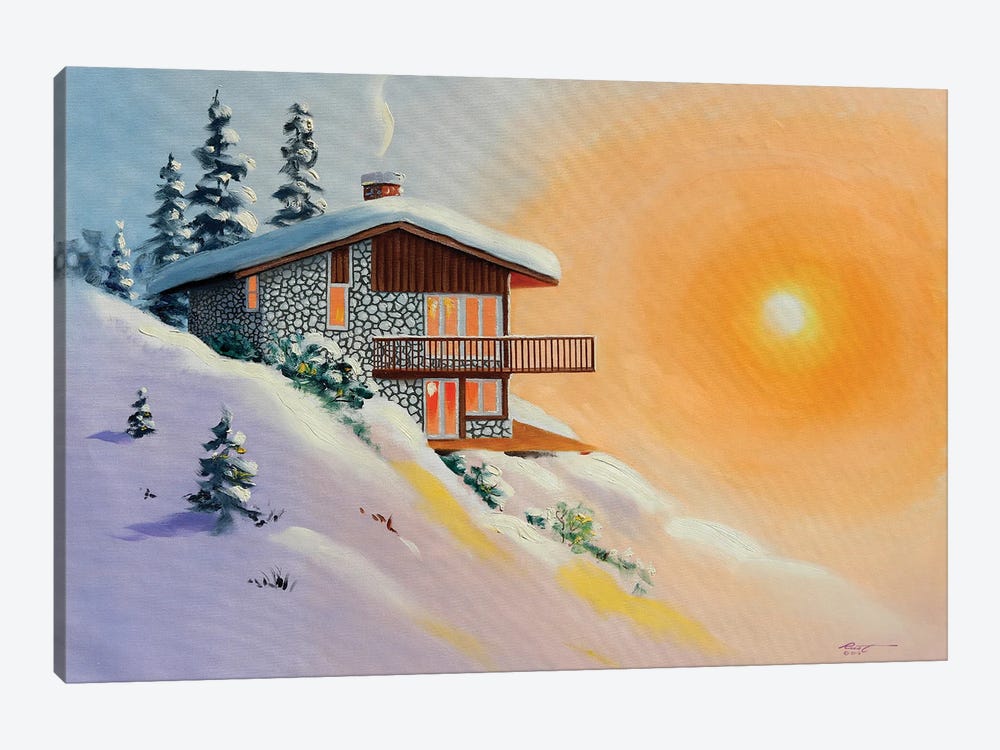 Chalet In Snow At Sunset by D. "Rusty" Rust 1-piece Canvas Art