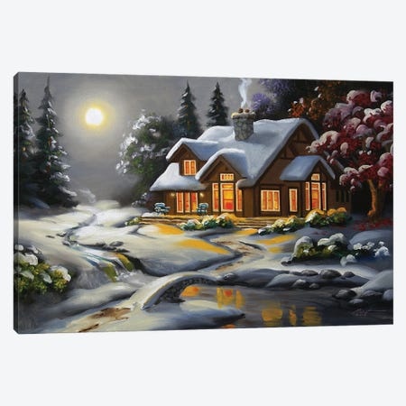 Moonlit House In Snow Canvas Print #RSR126} by D. "Rusty" Rust Canvas Print