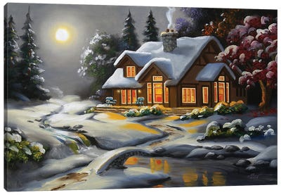 Moonlit House In Snow Canvas Art Print - Cabins