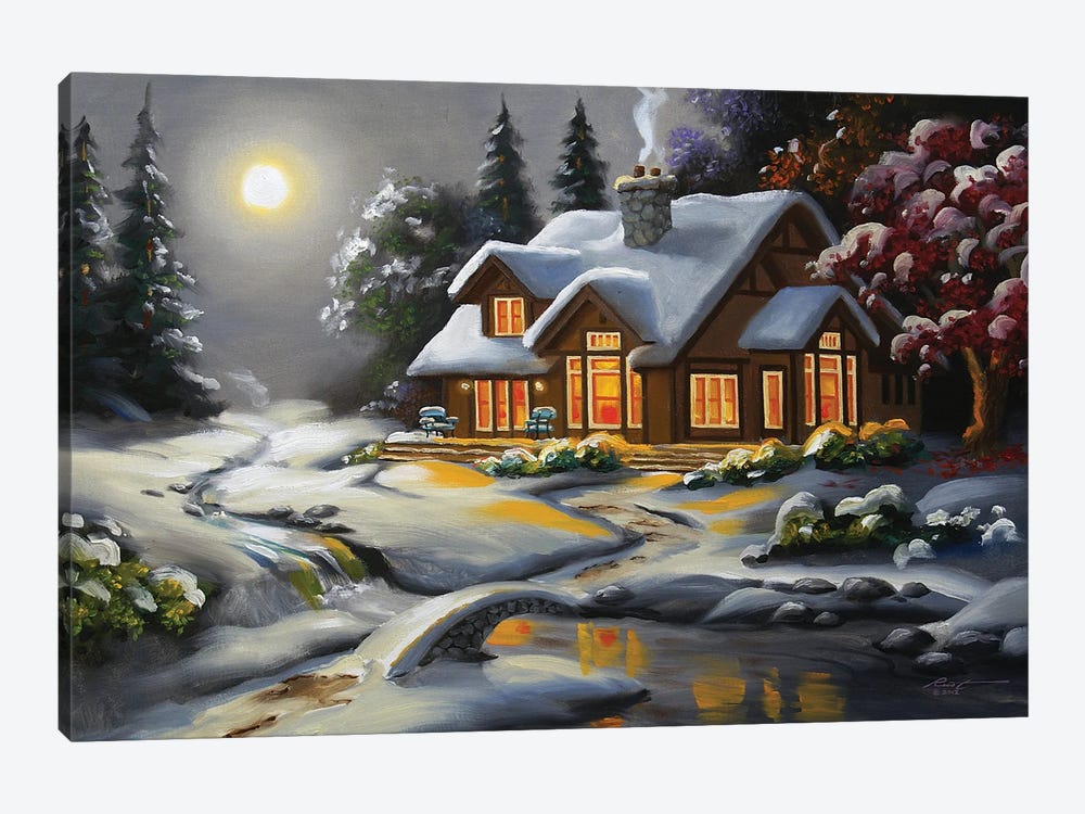 Moonlit House In Snow by D. "Rusty" Rust 1-piece Canvas Wall Art