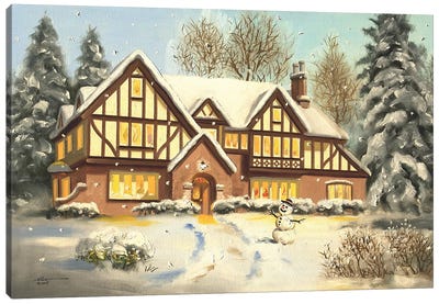Snowman With House Canvas Art Print - Christmas Scenes