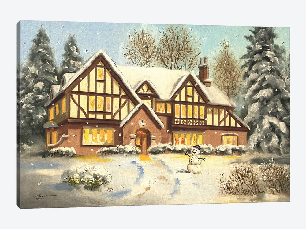 Snowman With House by D. "Rusty" Rust 1-piece Canvas Print