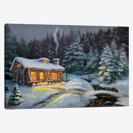Winter Cabin By The Creek With Evergreens Canvas Print #RSR133} by D. "Rusty" Rust Canvas Art Print