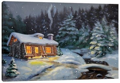 Winter Cabin By The Creek With Evergreens Canvas Art Print - Evergreen Tree Art