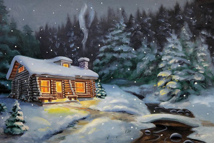 Winter Cabin By The Creek With Evergreens