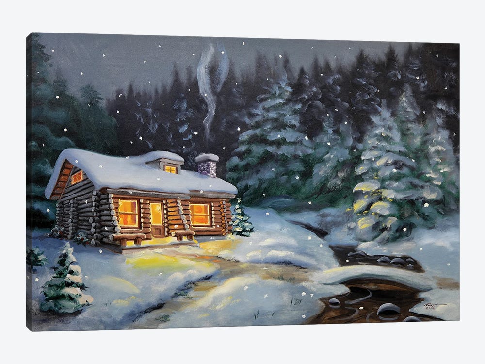 Winter Cabin By The Creek With Evergreens by D. "Rusty" Rust 1-piece Canvas Art