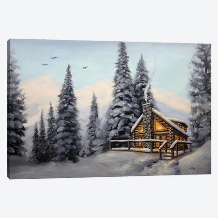 Cabin With Evergreens At Daylight Canvas Print #RSR134} by D. "Rusty" Rust Canvas Art