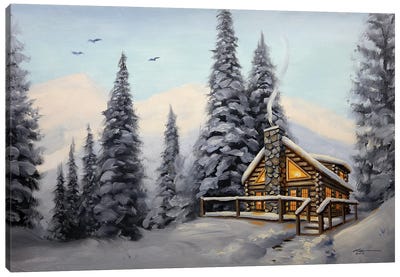 Cabin With Evergreens At Daylight Canvas Art Print - Cabins