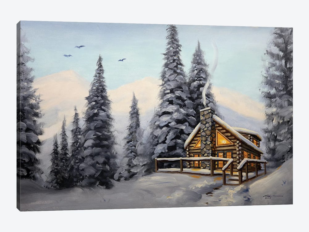 Cabin With Evergreens At Daylight by D. "Rusty" Rust 1-piece Art Print