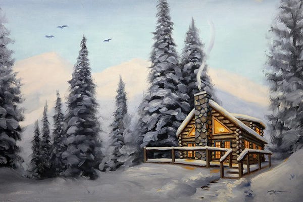 Cabins: Cabin With Evergreens At Daylight by D. "Rusty" Rust