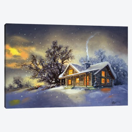 Cabin In Winter At Dawn Canvas Print #RSR137} by D. "Rusty" Rust Canvas Art