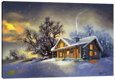 Cabin In Winter At Dawn Canvas Art Print - D. "Rusty" Rust