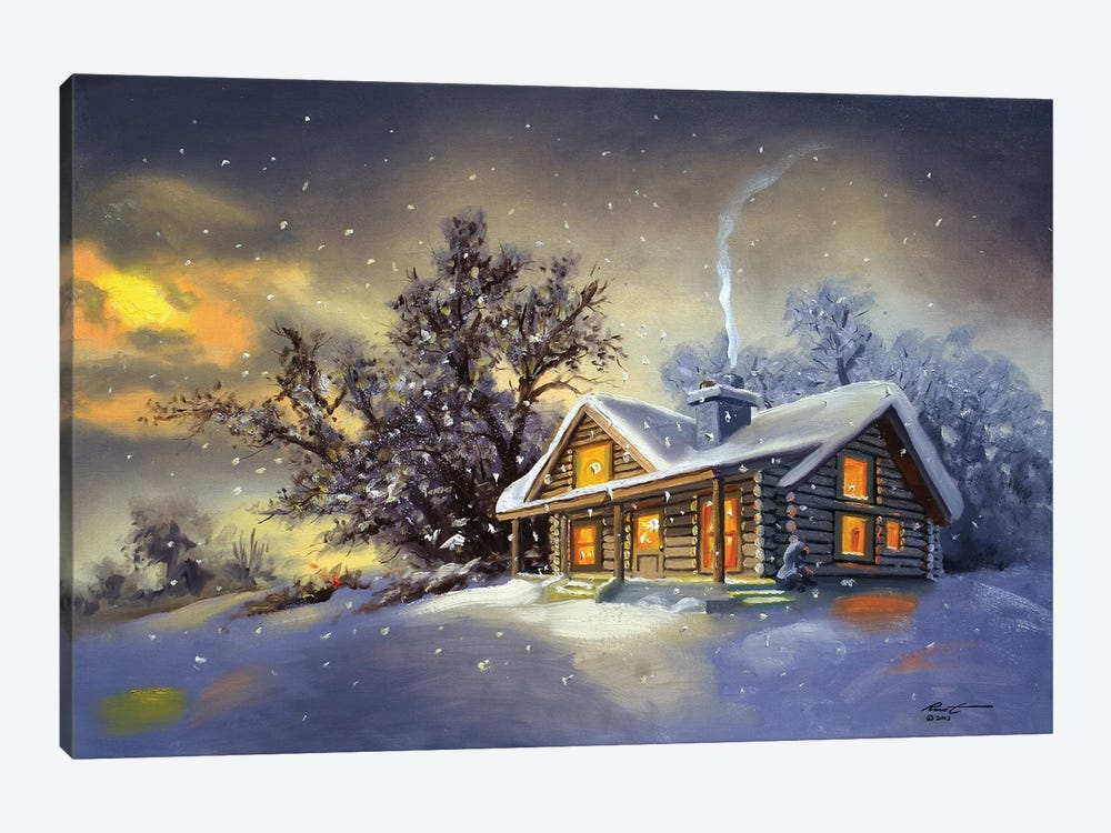 Cabin In Winter At Dawn by D. "Rusty" Rust 1-piece Canvas Artwork