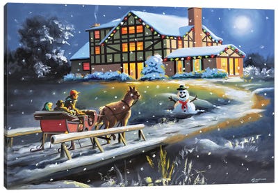 Carriage Ride To Christmas Time Canvas Art Print - Snowman Art