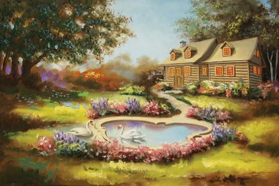 Two Swans And Cabin In Spring by D. "Rusty" Rust canvas print