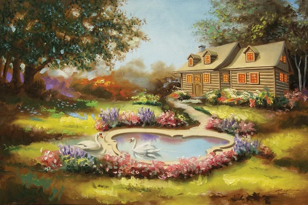 Cabins: Two Swans And Cabin In Spring by D. "Rusty" Rust