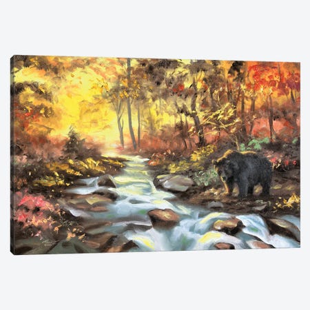 Black Bear Autumn By The Creek Canvas Print #RSR17} by D. "Rusty" Rust Canvas Art