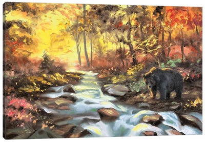 Black Bear Autumn By The Creek Canvas Art Print - Brown Bear Art