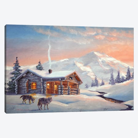 Wolves By The Cabin Canvas Print #RSR195} by D. "Rusty" Rust Canvas Wall Art