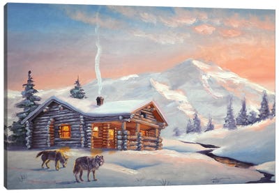 Wolves By The Cabin Canvas Art Print - Cabins