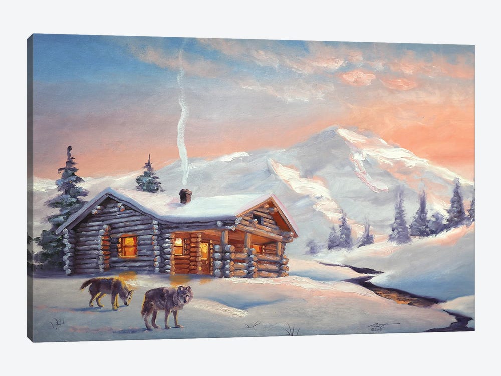 Wolves By The Cabin by D. "Rusty" Rust 1-piece Canvas Art