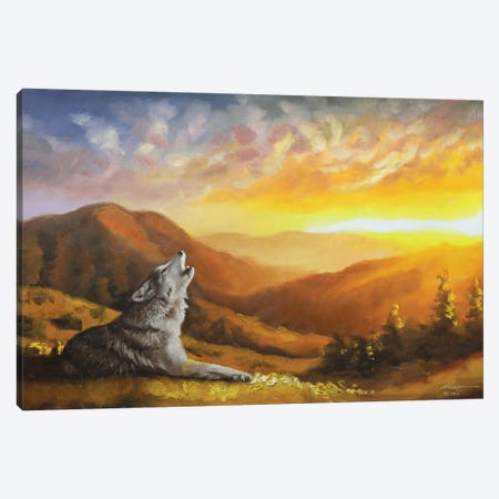 Wolf Howling At Sunset Canvas Print #RSR199} by D. "Rusty" Rust Art Print