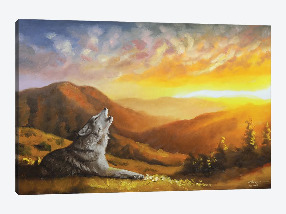 Wolf Howling At Sunset by D. "Rusty" Rust 1-piece Canvas Wall Art