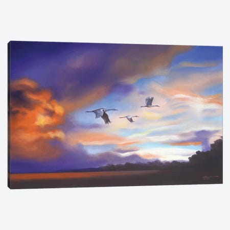 Cranes With Purple Sunset Canvas Print #RSR226} by D. "Rusty" Rust Canvas Art