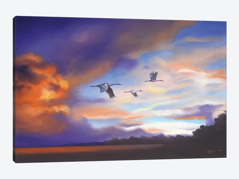 Cranes With Purple Sunset by D. "Rusty" Rust 1-piece Canvas Wall Art
