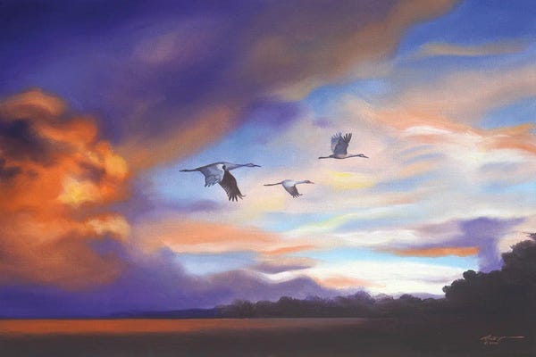 Cranes With Purple Sunset