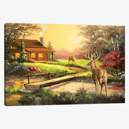 Deer By A Cabin Canvas Print #RSR22} by D. "Rusty" Rust Canvas Artwork