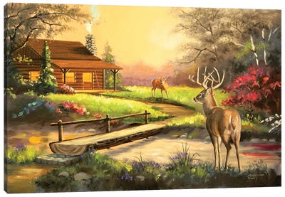 Deer By A Cabin Canvas Art Print - Cabins