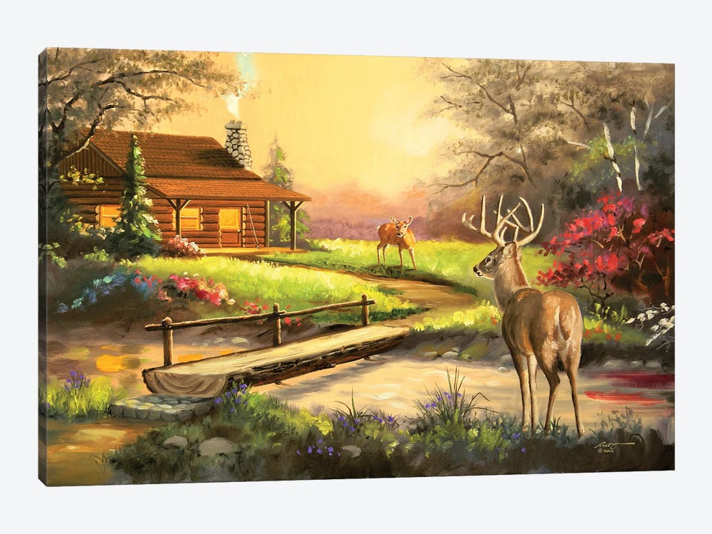Deer By A Cabin by D. "Rusty" Rust 1-piece Art Print