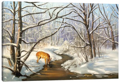 Deer In Wintry Scene Canvas Art Print - Rustic Winter