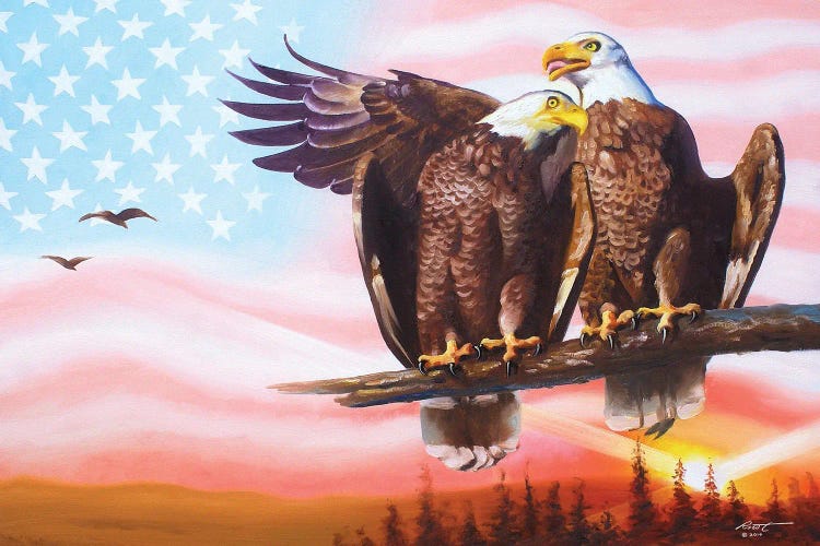 Two Eagles With American Flag