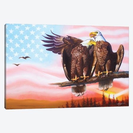Two Eagles With American Flag Canvas Print #RSR246} by D. "Rusty" Rust Canvas Art