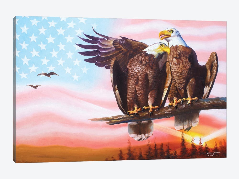 Two Eagles With American Flag by D. "Rusty" Rust 1-piece Canvas Artwork